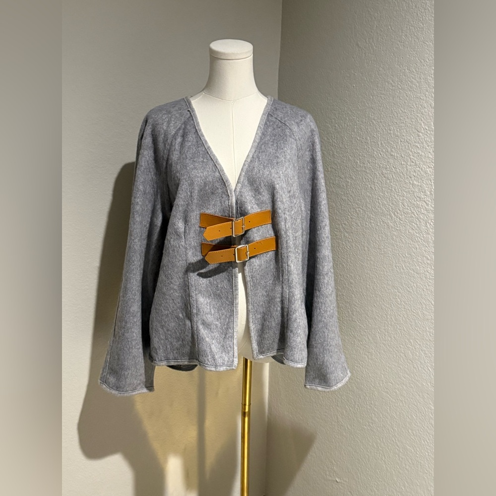 Gray Open Front Jacket Tan Buckle Closure NWOT OS